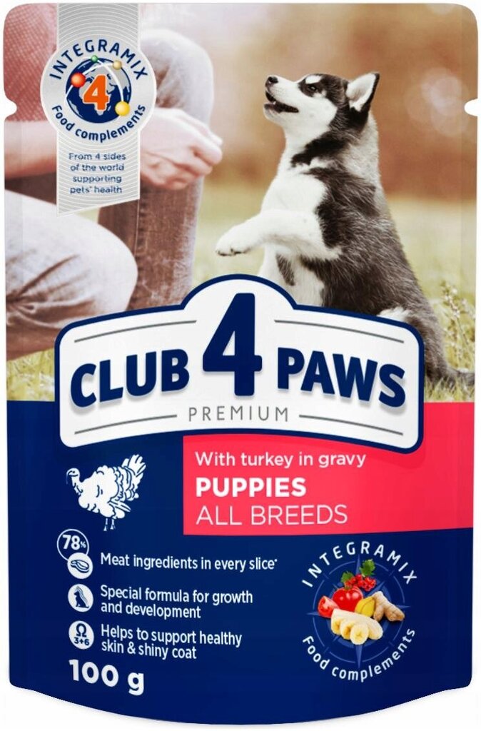 Club 4 Paws Premium kucēniem ar tītaru mērcē, 24 x 100g cena un informācija | Konservi suņiem | 220.lv