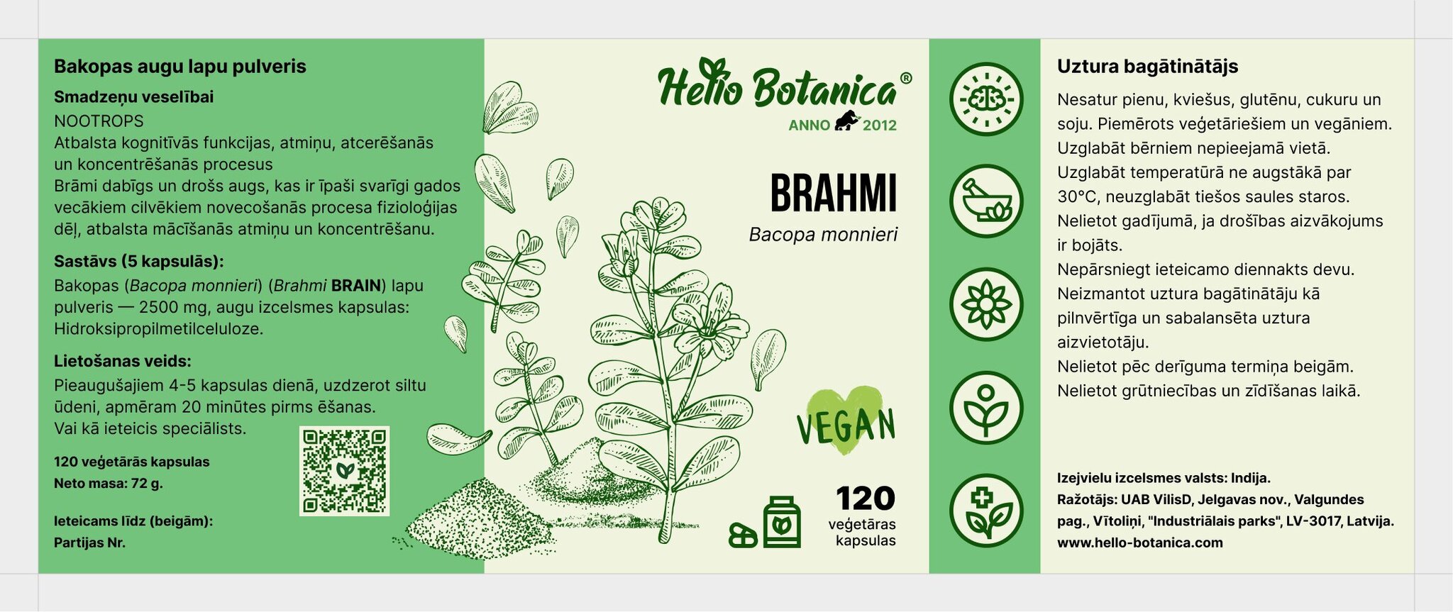 Uztura bagātinātājs Hello Botanica Brahmi, 120 kapsulas cena un informācija | Vitamīni, preparāti, uztura bagātinātāji labsajūtai | 220.lv