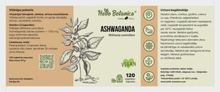 Uztura pagātinātājs Hello Botanica Ashwaganda, 120 kapsulas cena un informācija | Uztura bagātinātāji atjaunošanai pēc slodzes | 220.lv