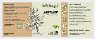 Пищевая добавка Hello Botanica Ashwaganda, 120 капсул цена и информация | Добавки для восстановления | 220.lv