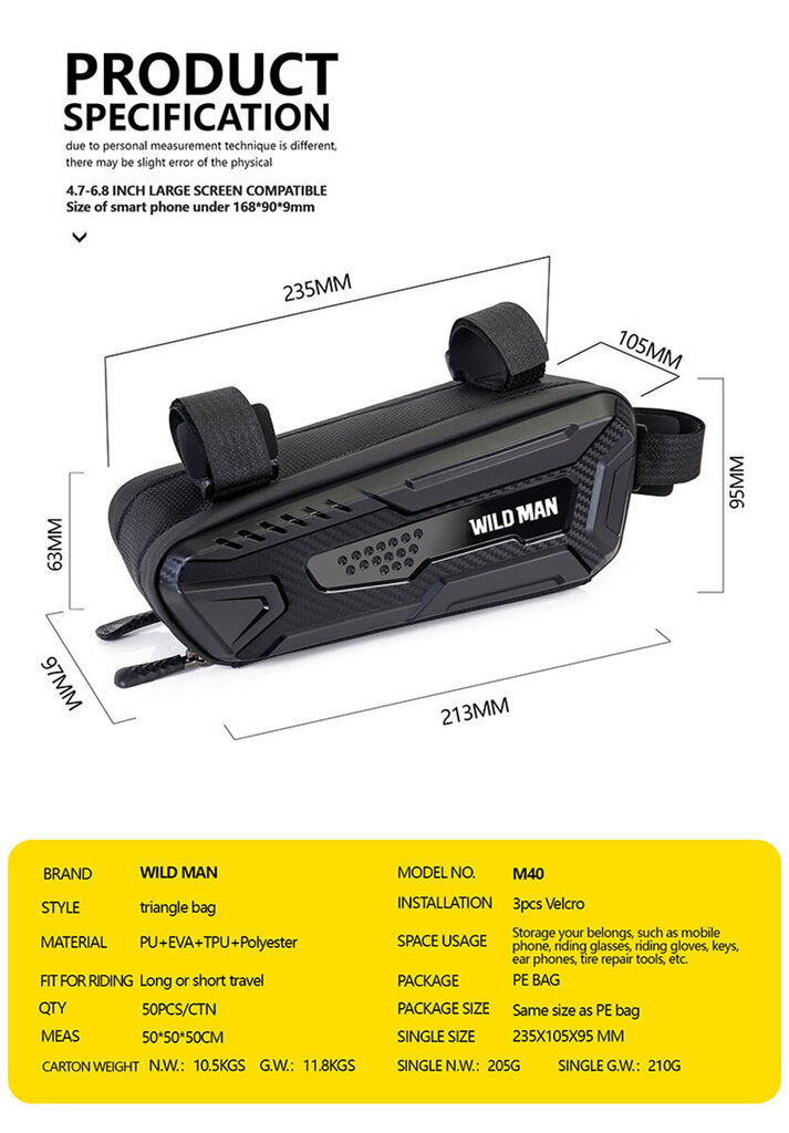 Velosipēda rāmja soma Wildman M40, 1,5L, melna cena un informācija | Velo somas, telefona turētāji | 220.lv