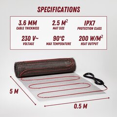 Нагревательный мат Ryxon™ HM-200-2.5, 2.5 м², 500 W: эффективное решение для теплых полов цена и информация | Нагревательные коврики для пола и зеркал | 220.lv