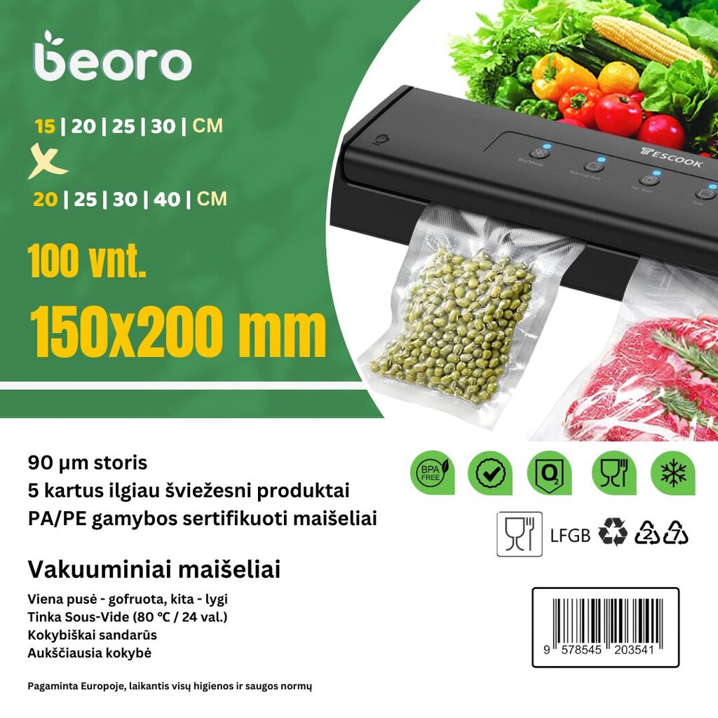 Pārtikas vakuuma/ vakuumēšanas maisiņi Beoro 15x20 100 gab. sous-vide цена и информация | Vakuuma iepakotāji | 220.lv