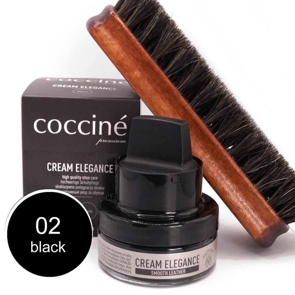 Apavu smēre ar sūkli Coccine Cream Elegance, melns, 50 ml + Apavu birste no dabiskiem zirga astriem, 16 cm цена и информация | Līdzekļi apģērbu un apavu kopšanai | 220.lv