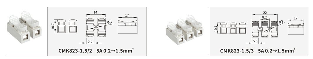 Ātrais savienotājs CMK823_1.5/2 - caur - 2x 0,2-1,5 mm² - 100gab. cena un informācija | Auduma vadi un spaiļu bloki | 220.lv