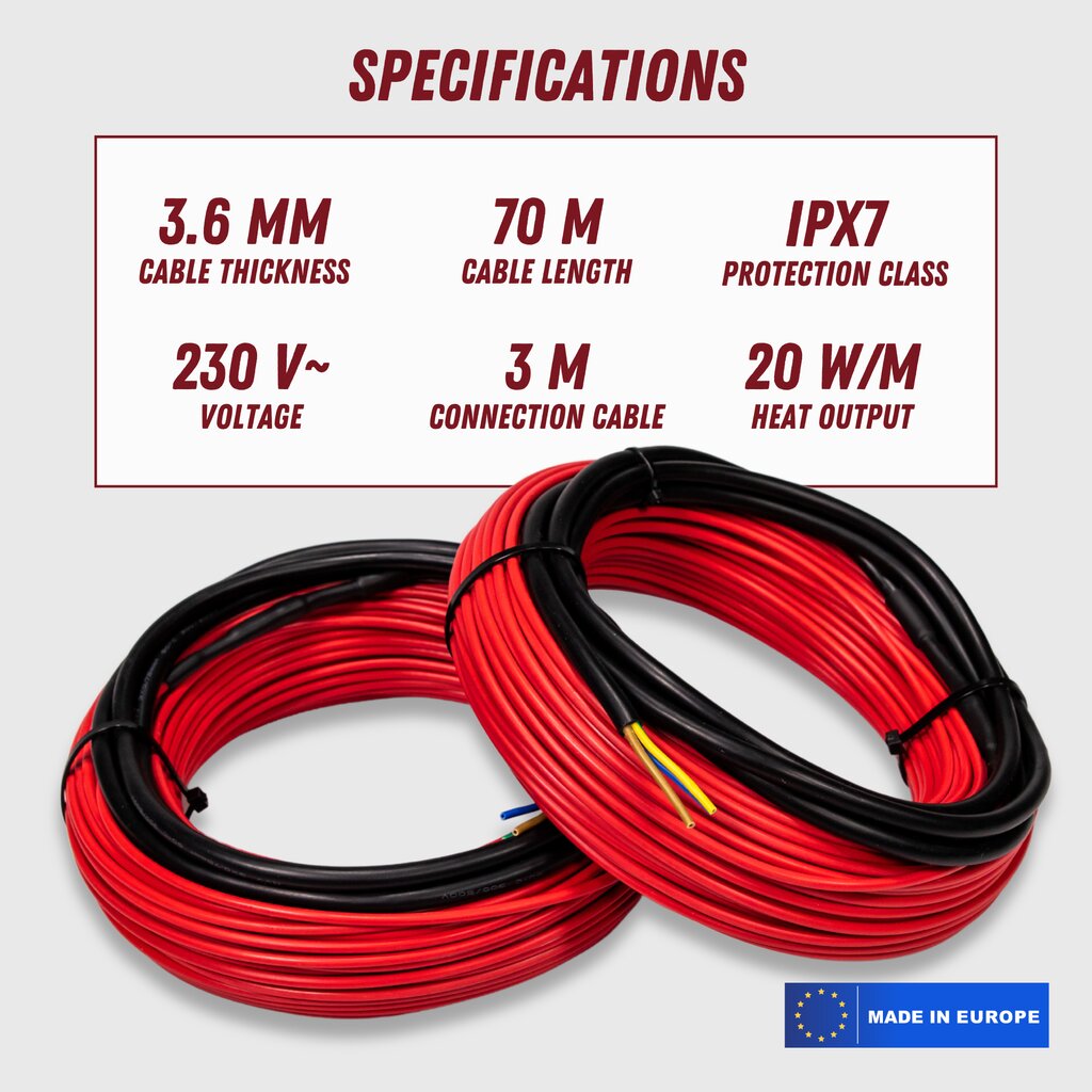 Sildīšanas kabelis Ryxon™ HC-20-70, 7 m², 70 m, 1400 W cena un informācija | Siltās grīdas | 220.lv