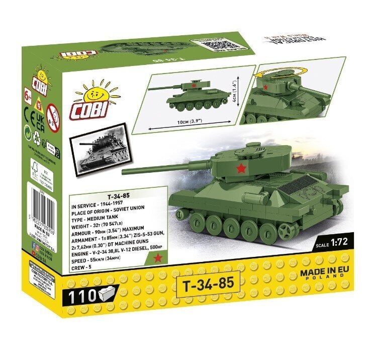 Konstruktors Cobi HC Otrā pasaules kara tanks T-34/85 3092, 110 d. цена и информация | Konstruktori | 220.lv
