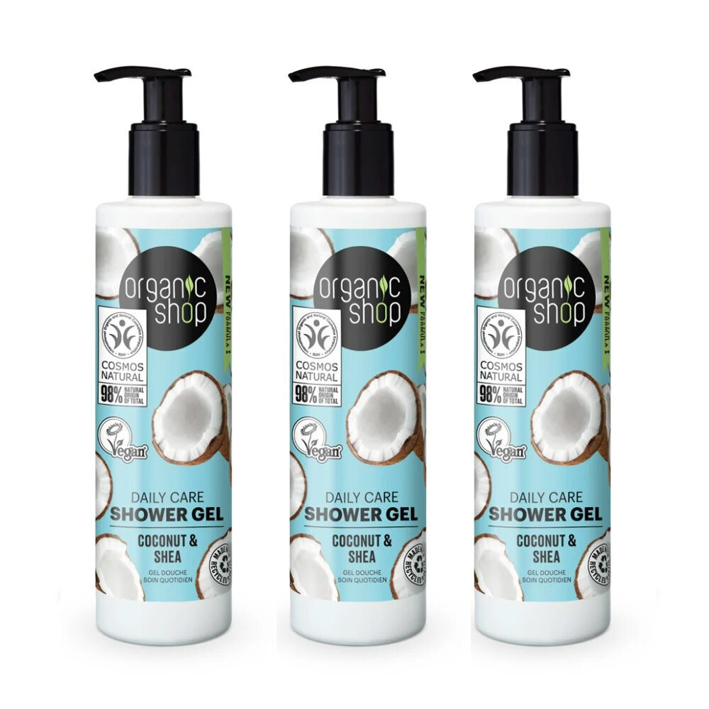 Dušas želeja Organic Shop Coconut and Shea, 3 x 280 ml cena un informācija | Dušas želejas, eļļas | 220.lv