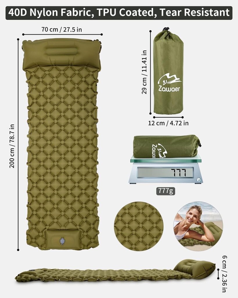 Guļampaklājiņš Zawaer, 200x70x6cm, zaļš cena un informācija | Tūrisma matrači un paklājiņi | 220.lv