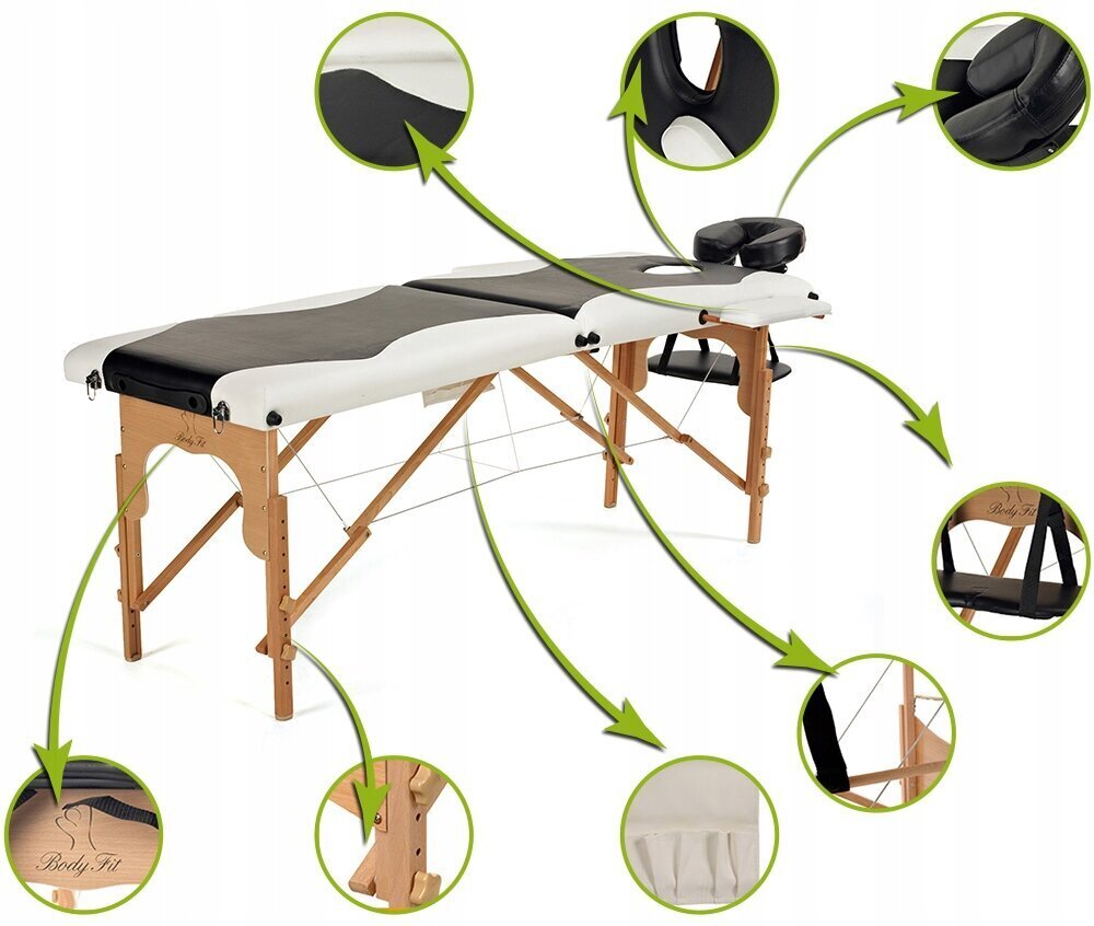 Masāžas galds Bodyfit, 185x60 cm, balts melns cena un informācija | Masāžas piederumi | 220.lv