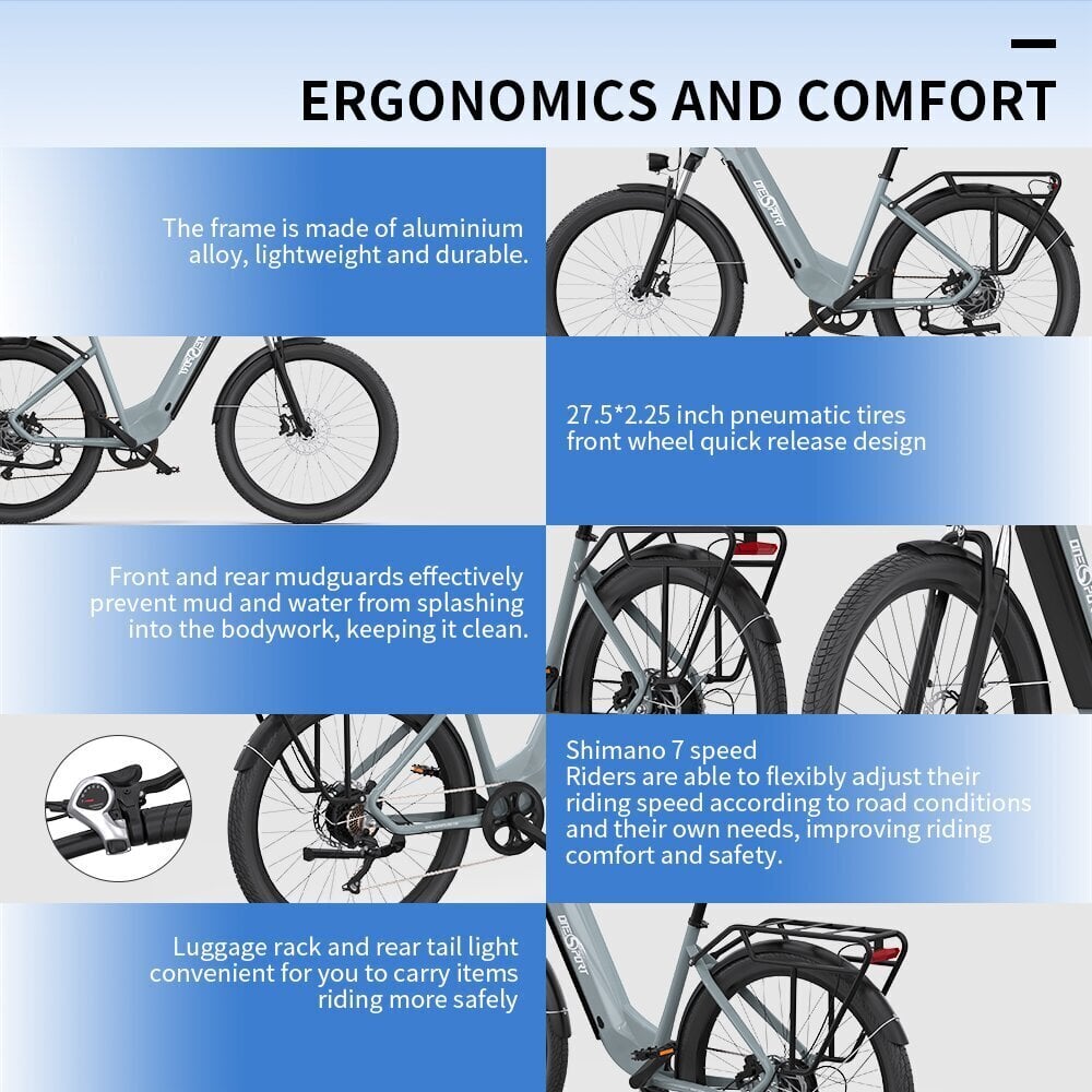 Elektriskais velosipēds OneSport OT05, 27,5", pelēks, 250W, 18,2Ah cena un informācija | Elektrovelosipēdi | 220.lv