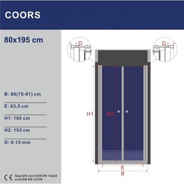 Dušas durvis AQUABATOS Coors 80x195 cena un informācija | Dušas durvis, dušas sienas | 220.lv