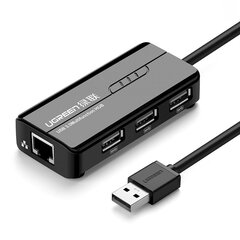 Сетевой адаптер, Ugreen 202641, USB-A - RJ45, 10/100, Mbps / 3x USB, 3.0 HUB, черный цена и информация | Адаптеры и USB разветвители | 220.lv