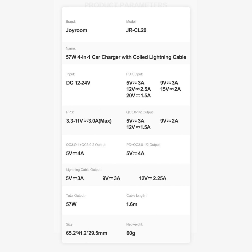 Ātrs auto lādētājs, 4v1, Joyroom, ar Lightning kabeli 1,6 m, USB-C, PD 2x USB QC3, 57 W., melns cena un informācija | Auto 12V el. piederumi | 220.lv