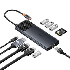 Переходник HUB, 11in1 , Baseus B00061801123-001, USB-C, USB-A, / PD / HDMI / DP / RJ-45 / SD / TF, черный цена и информация | Адаптеры и USB разветвители | 220.lv