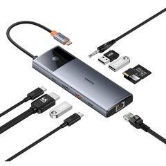 Переходник HUB, 11 в 1, Baseus Metal Gleam, USB-C, USB-C PD USB-C 3x USB-A, HDMI AUX, RJ-45 SD, серый цена и информация | Адаптеры и USB разветвители | 220.lv