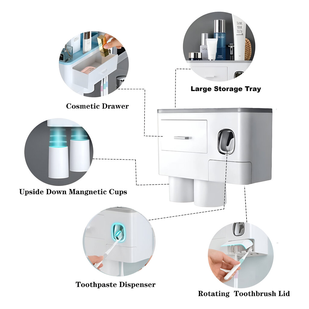 Zobu birstes turētājs ar zobu pastas dozatoru un magnētisku 3 krūzīšu turētāju, uz sienas līmējams vannas istabas organizatora plaukts LIVMAN cena un informācija | Vannas istabas aksesuāri | 220.lv