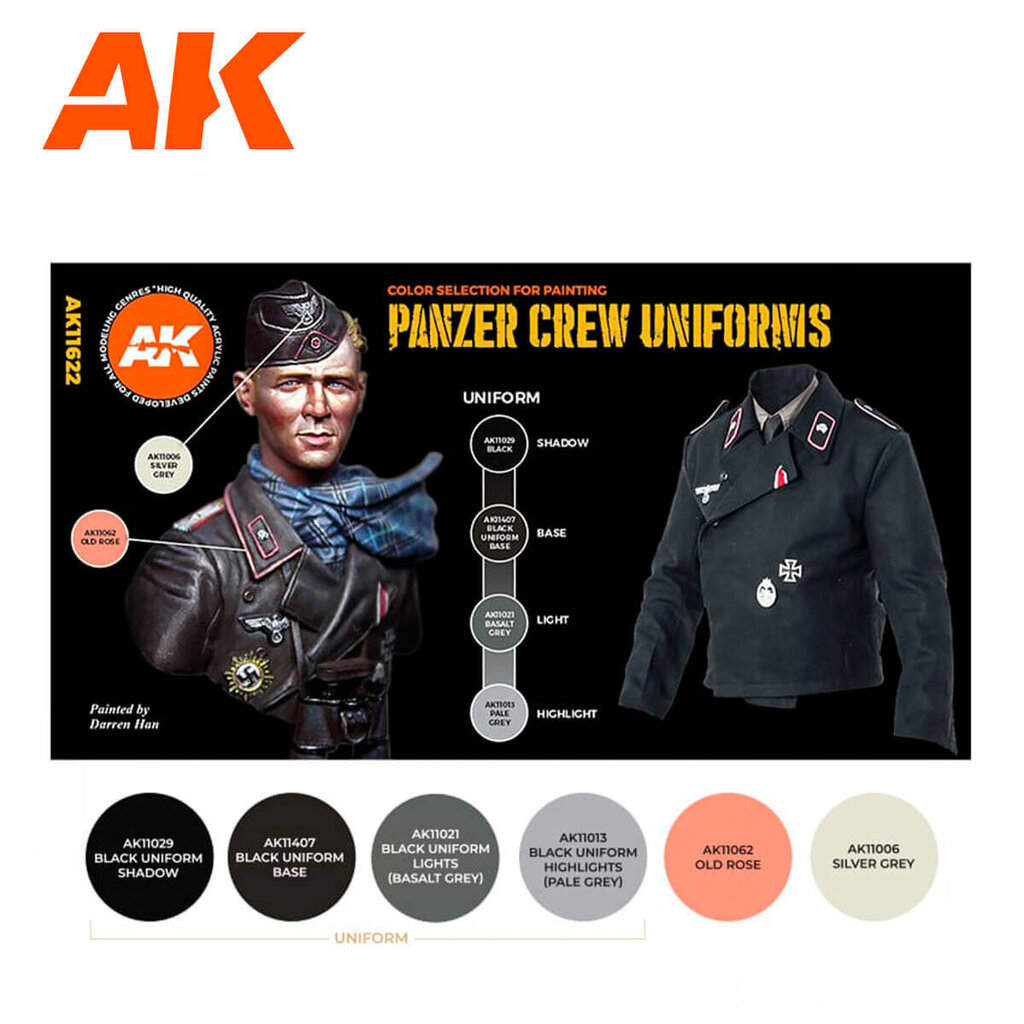 Akrila krāsas komplekts AK Interactive Panzer Crew Black Uniforms Set 3G, 6 krāsa cena un informācija | Modelēšanas un zīmēšanas piederumi | 220.lv