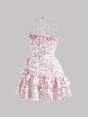 Розовое летнее платье с цветочным принтом, рюшами на груди и бретелькой на шее, открытой спиной, Electronics LV-120028, многоцветный, 1 шт цена и информация | Платья | 220.lv