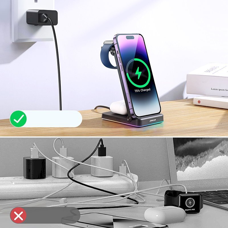 Indukcijas lādētājs, 3v1, Joyroom JR-WQN011, iPhone Apple Watch Airpods ar statīvu, melns цена и информация | Lādētāji un adapteri | 220.lv