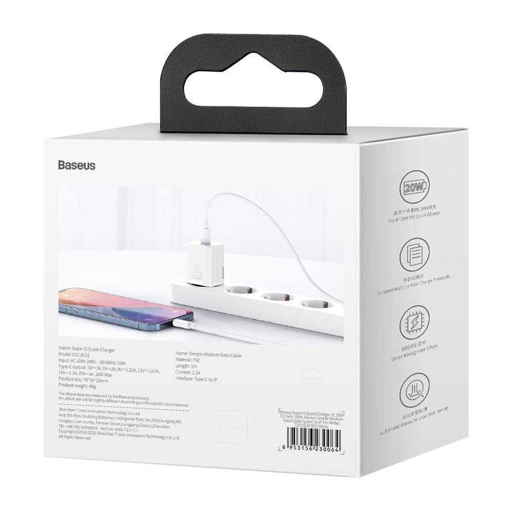 Ātrs lādētājs, Baseus Super Si Quick Charger 1C1, 20 W., USB-C - Lightning kabelis 1 m, balts cena un informācija | Lādētāji un adapteri | 220.lv