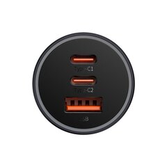 Auto lādētājs, Baseus CCJDZ65-UC1, USB + 2x USB-C, 65 W., tumši pelēks cena un informācija | Auto 12V el. piederumi | 220.lv