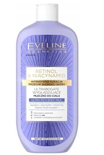 Barojošs ķermeņa krēms sausai un jutīgai ādai Eveline Retinol & Niacynamid Ultra Rich Body Milk, 350 ml cena un informācija | Ķermeņa krēmi, losjoni | 220.lv