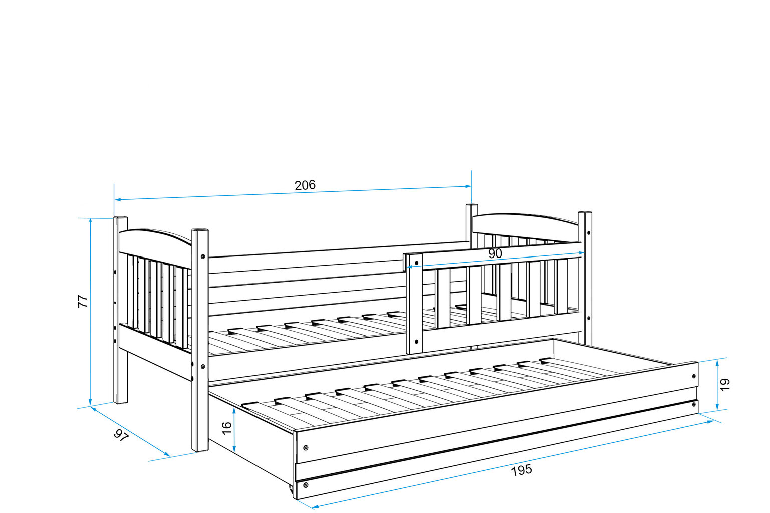 Bērnu gulta BMS14PRZI, 90x200 cm, gaiši brūna/zila cena un informācija | Bērnu gultas | 220.lv