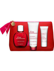 Komplekts Clarins ķermeņa ādas kopšanai: Eau Dynamisante dziedinošs ūdens, 100 ml + Eau Dynamisante ķermeņa krēms, 100 ml + ķermeņa skrubis, 30 ml + kosmētikas soma / rokassomiņa cena un informācija | Ķermeņa krēmi, losjoni | 220.lv