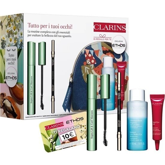 Kosmētikas komplekts Clarins Supra Lift&amp;Curl: skropstu tuša, 8 ml + acu zīmulis, 1,2 g + grims noņēmējs acīm, 50 ml + acu krēms, 7 ml + kosmētikas soma cena un informācija | Acu ēnas, skropstu tušas, zīmuļi, serumi | 220.lv