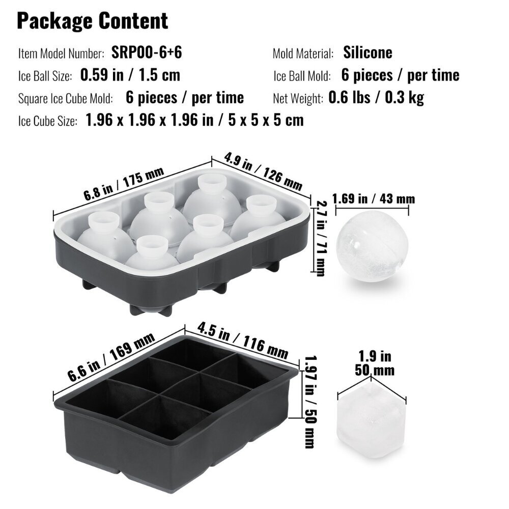 Ledus kubiņu veidnes komplekts Vevor, melns, 5 cm, 6 gab. cena un informācija | Virtuves piederumi | 220.lv