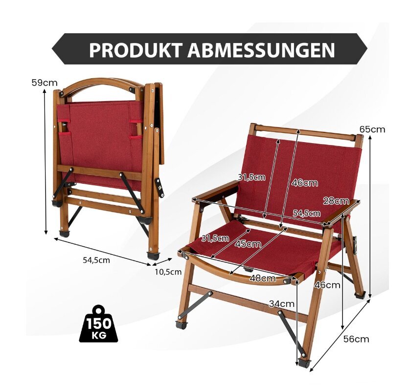 Saliekams kempinga krēsls Costway, 56 x 54,5 x 65 cm , sarkans cena un informācija |  Tūrisma mēbeles | 220.lv