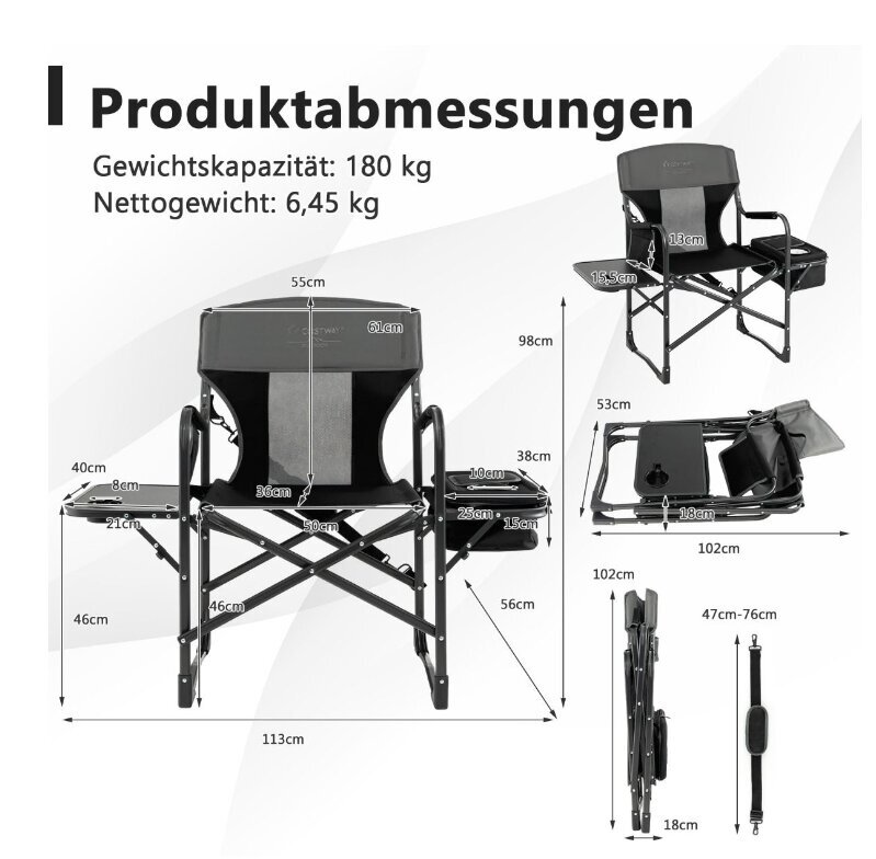 Saliekams kempinga/tūrisma krēsls Costway, 113 x 56 x 98 cm, melns cena un informācija |  Tūrisma mēbeles | 220.lv