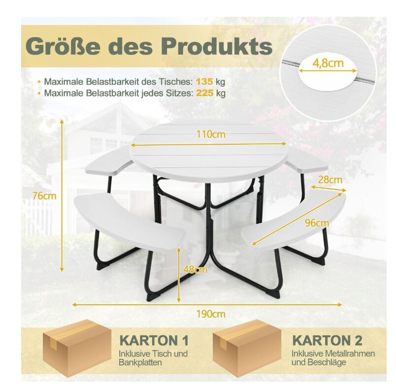 Kempinga/tūristu galdu un soliņu komplekts Costway, 190 x 76 cm, balts cena un informācija |  Tūrisma mēbeles | 220.lv