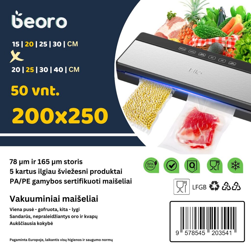 Beoro gofrēti vakuma maisi, 20x25-50 cena un informācija | Vakuuma iepakotāji | 220.lv