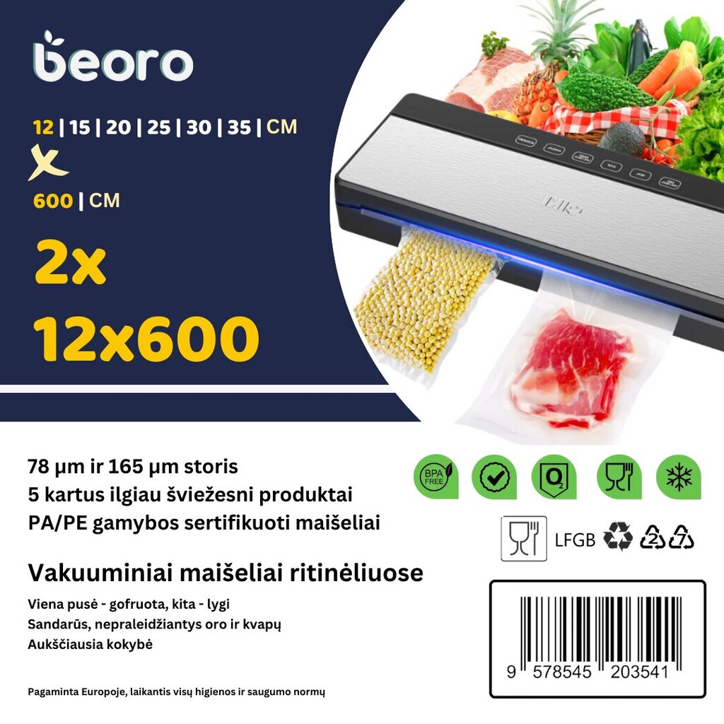 Gofrēti vakuuma ruļļi, Beoro, 12x600-2 cena un informācija | Vakuuma iepakotāji | 220.lv