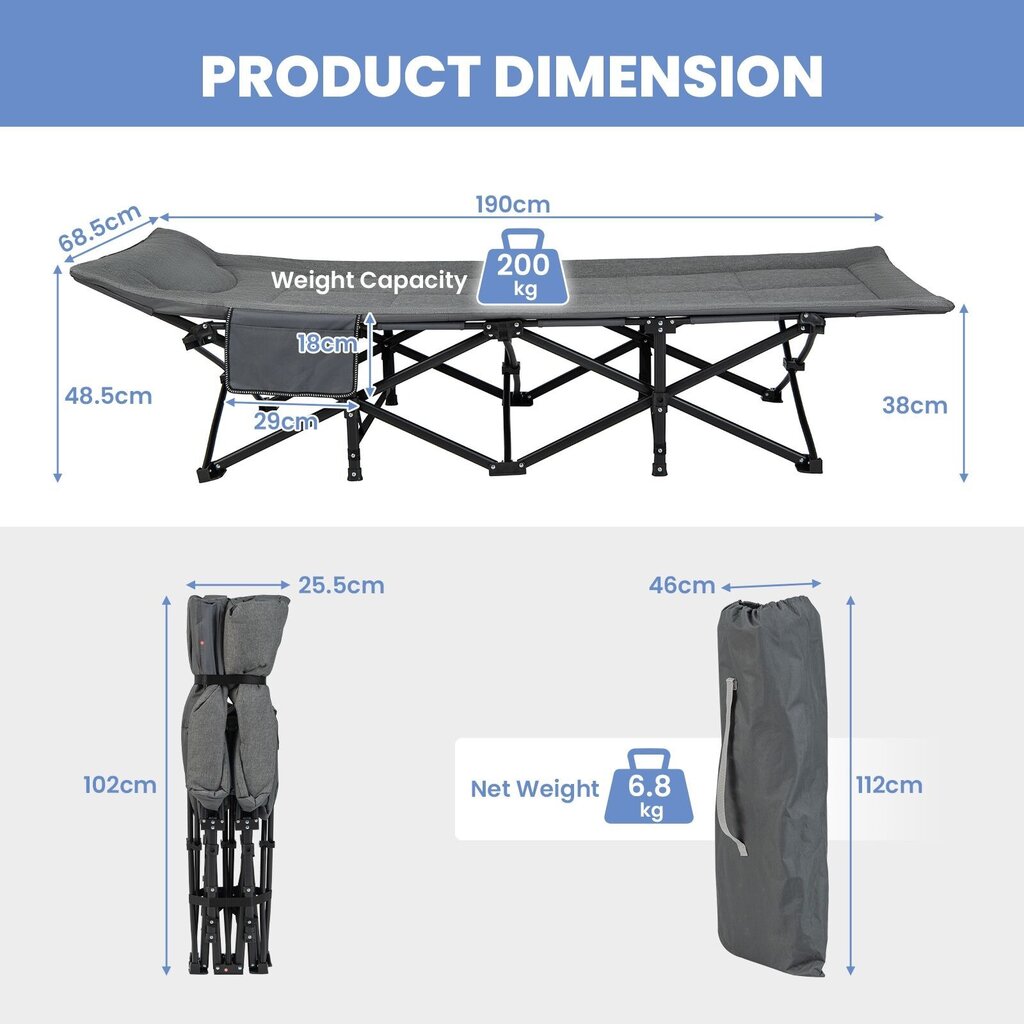 Saliekamā tūristu gulta Costway, 190x68,5x48,5 cm, pelēka cena un informācija |  Tūrisma mēbeles | 220.lv