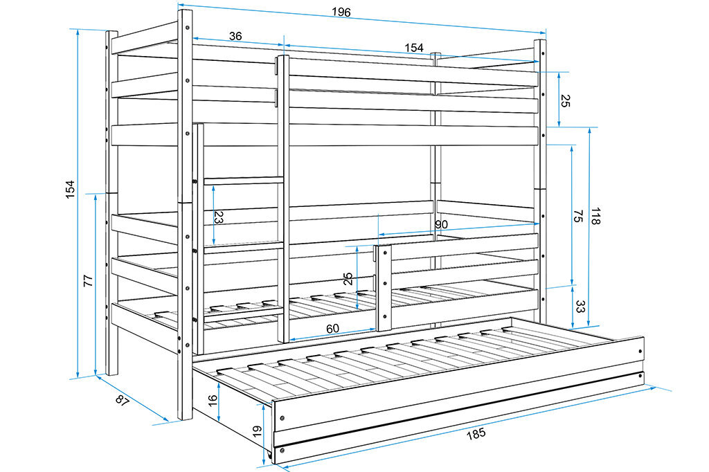 Bērnu gulta BMS44BR, 80x190 cm, balta/rozā cena un informācija | Bērnu gultas | 220.lv