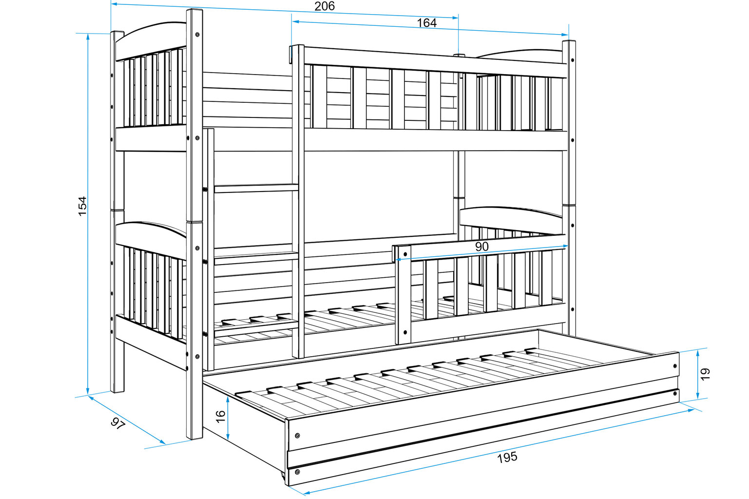 Bērnu gulta BMS47BZI, 90x200 cm, balta/zila cena un informācija | Bērnu gultas | 220.lv