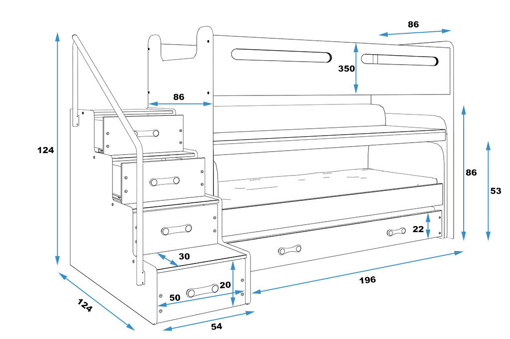 Bērnu gulta BMS190ZI, 80x200 cm, balta/zila cena un informācija | Bērnu gultas | 220.lv