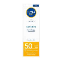 Saules aizsargkrēms jutīgai sejas ādai Nivea Sun Sensitive SPF50, 50 ml цена и информация | Кремы от загара | 220.lv