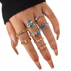 Набор золотых колец RETRO PUNK VINTAGE RINGS 8 шт COLOURFUL FLOWERS Z27 цена и информация | Кольца | 220.lv