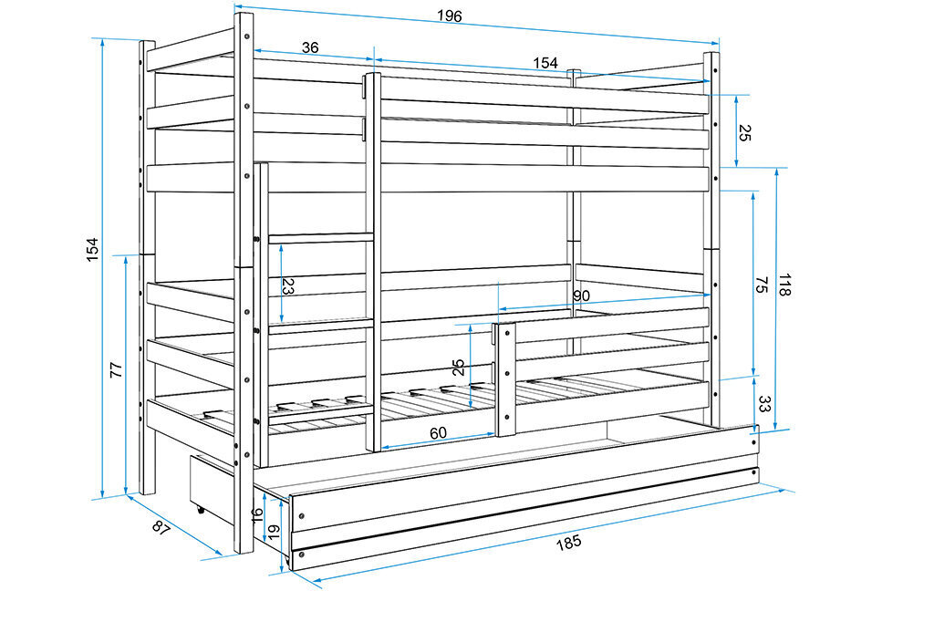 Bērnu gulta BMS140PRB, 80x190 cm, gaiši brūna/balta cena un informācija | Bērnu gultas | 220.lv