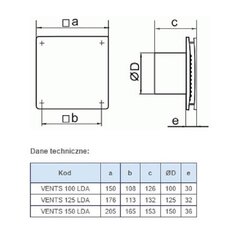 Vents 125 LDA, vannas istabas ventilators cena un informācija | Ventilatori | 220.lv