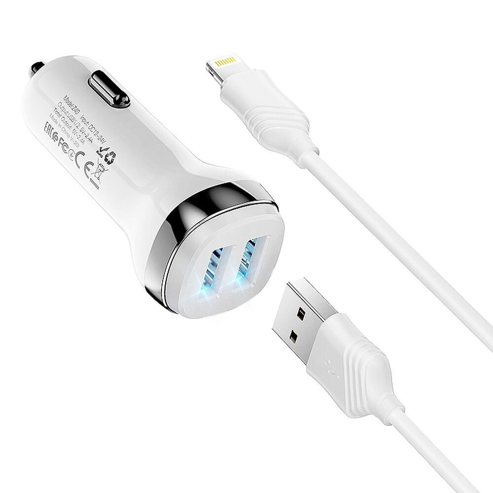 HOCO auto lādētājs 2x USB A + kabelis USB A uz iPhone Lightning 8 kontaktu 2,4A Z40 balts cena un informācija | Auto piederumi | 220.lv