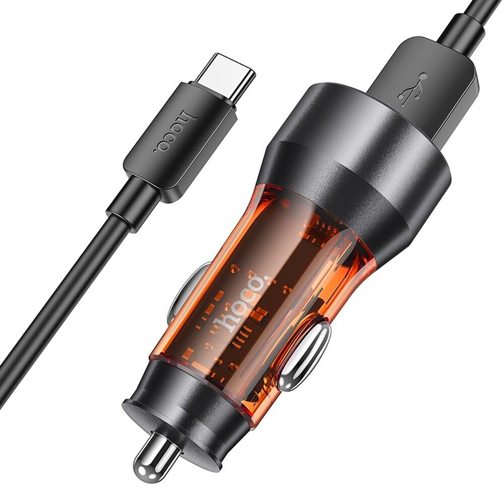 HOCO automašīnas lādētājs 2 x USB QC3.0 18W + USB kabelis līdz C tipam NZ12 caurspīdīgs oranžs цена и информация | Auto piederumi | 220.lv