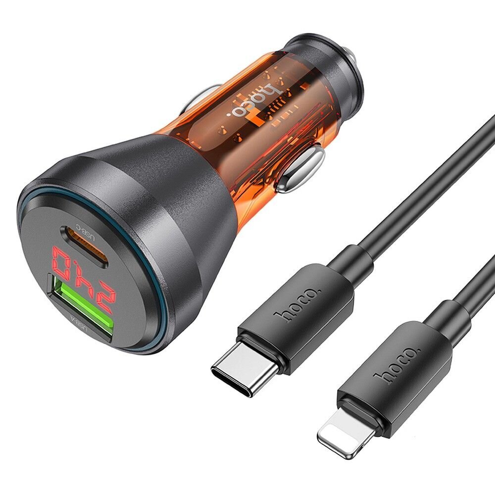 HOCO auto lādētājs USB QC 18W + Type C 30W ar digitālo displeju + C tipa kabelis priekš Lightning PD48W NZ12B caurspīdīgs oranžs cena un informācija | Auto piederumi | 220.lv
