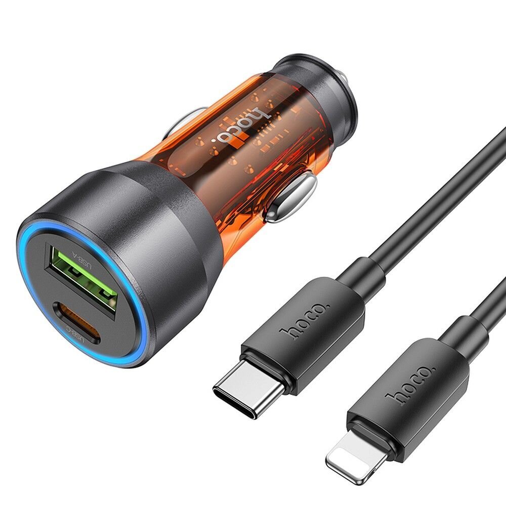 HOCO auto lādētājs USB QC 18W + Type C 25W + C tipa kabelis līdz Lightning PD43W NZ12A caurspīdīgs oranžs cena un informācija | Auto piederumi | 220.lv