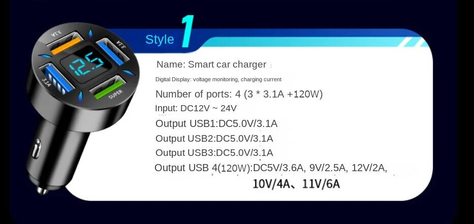 Automašīnas lādētājs 120W 4xUSB MI Charge Xiaomi Mērītājs Displejs cena un informācija | Auto 12V el. piederumi | 220.lv