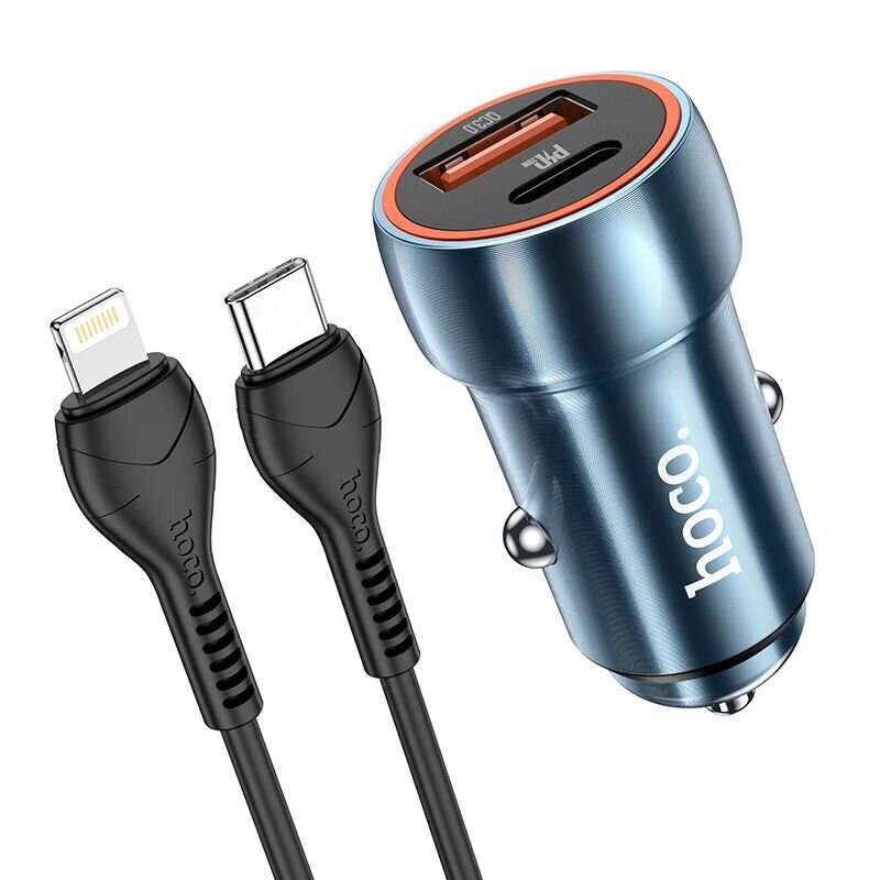 HOCO auto lādētājs Type C + USB QC3.0 Power Delivery 20W ar kabeli iPhone Lightning 8-pin Z46A safīra zils цена и информация | Auto 12V el. piederumi | 220.lv